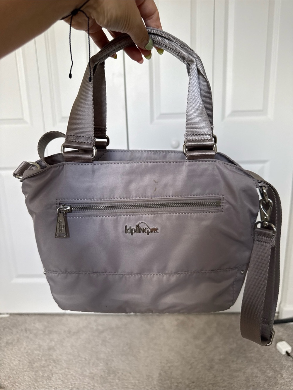 Kipling Gray Nylon Crossbody Shoulder Tophandle Bag Silver Hardware